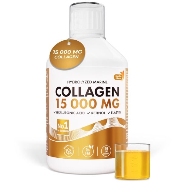 Swedish Nutra – Marine Collagen 15 000 mg skystas jūrinis kolagenas su hialurono rūgštimi, retinoliu ir vitaminais, (500ml)