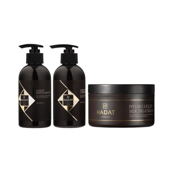 Hadat silk shampoo+ loquid silk conditioner + liquid silk treatment(mask) Hadatskysto šilko šampūnas 250 ml + skysto šilko kondicionierius, 250ml + hydro silk plaukų kaukė, 300ml